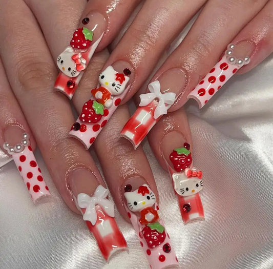 HK PINK AND RED STRAWBERRY THEME PRESS ON NAILS